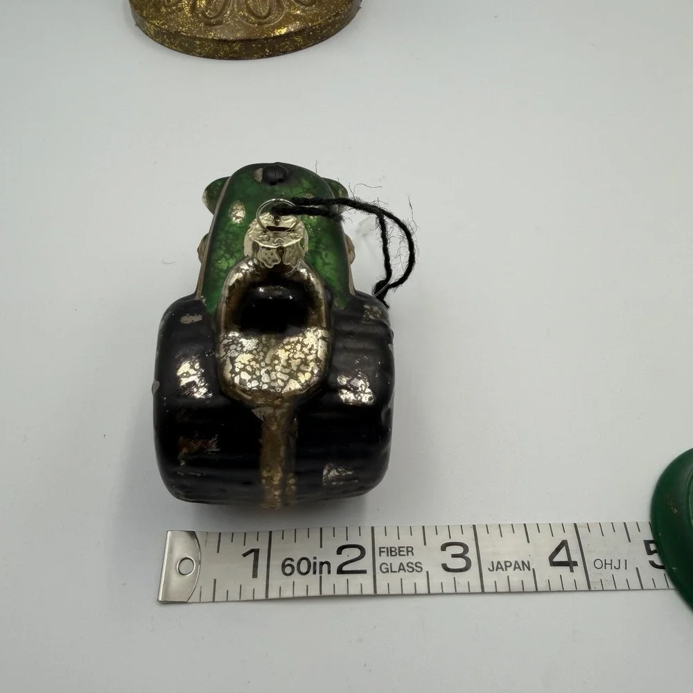 Mercury‎ Glass Hand Painted Green Tractor Ornament with Gold Detailing